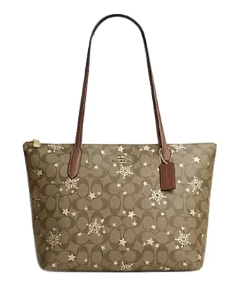 Coach Zip Top Tote In Signature Canvas With Star And Snowflake Print