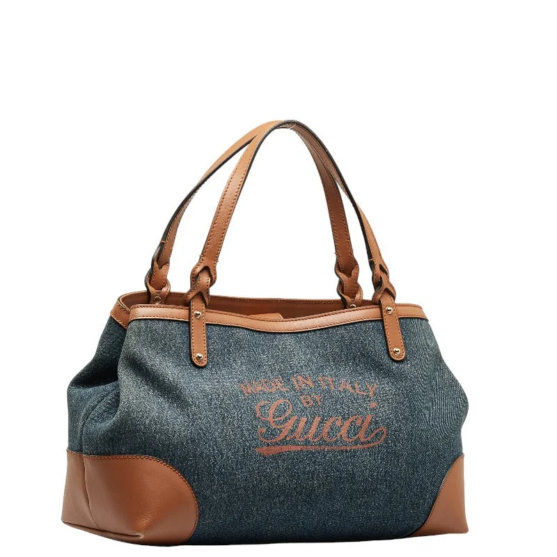 Gucci Denim Logo Tote Handbag Shoulder Bag 348715 Indigo blue Brown Canvas Leather Ladies