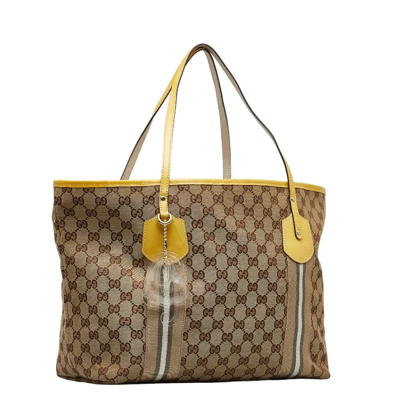 GUCCI Monogram Tote Bag Handbag 211970 Canvas/Patent Leather Beige Yellow