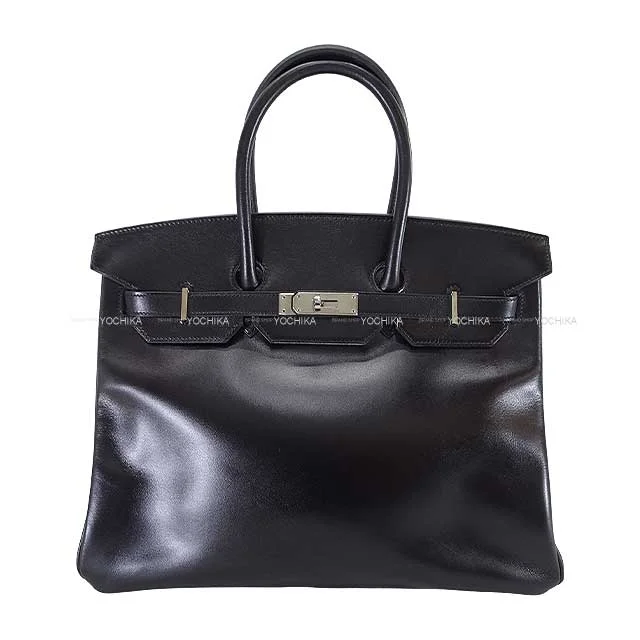 HERMES Handbag Birkin35 Noir (Black) Box Calf Silver HW Stamp □P[EXCELLENT][Authentic]