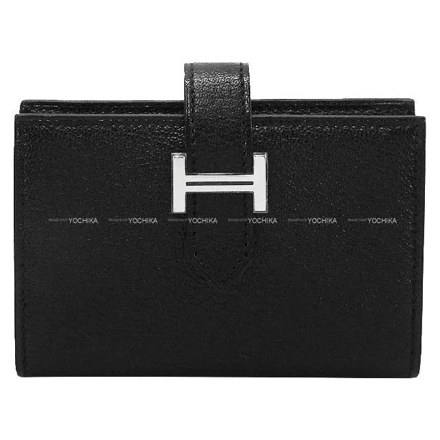 HERMES Bi-fold wallet Bearn Mini Card holder With Coin purse Noir (Black) Chevre Myzore Silver HW Stamp D[EXCELLENT][Authentic]