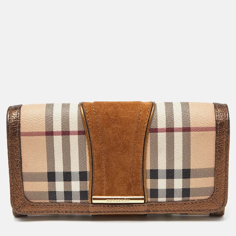 BURBERRY Beige/Metallic Nova Check PVC,Leather and Suede Flap Continental Wallet