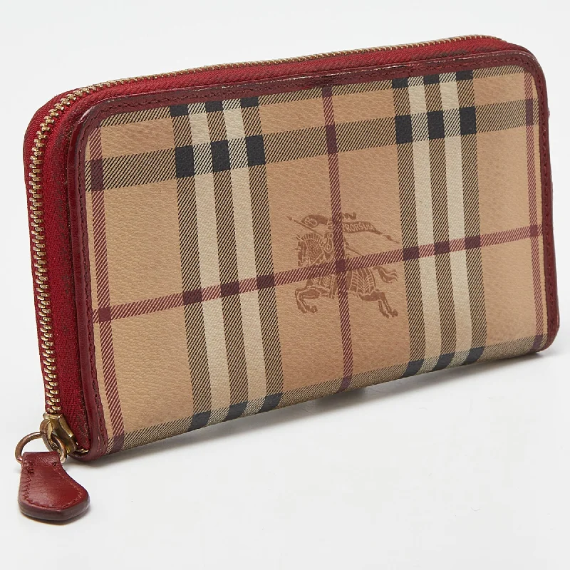 BURBERRY Beige/Red Haymarket Check Coated Canvas Zip Around Wallet