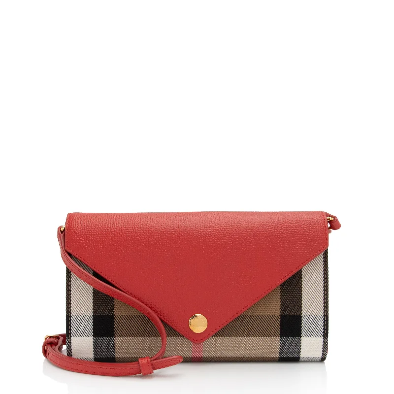 Burberry House Check Leather Hannah Wallet on Strap (SHF-eQV5N5)