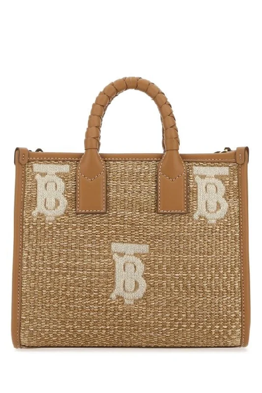 Burberry Woman Two-Tone Raffia And Leather Mini Freya Handbag