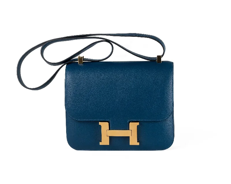 Hermes 24cm Blue Colvert Evergrain Constance w/ Gold Hardware