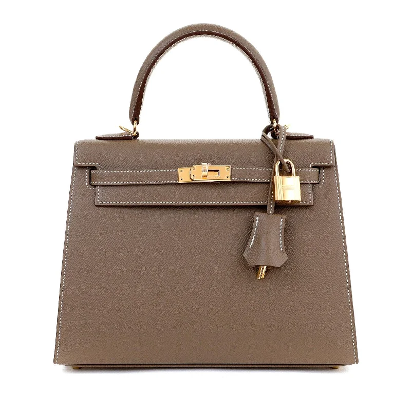 Hermes 25cm Etoupe Madame Sellier Kelly w/  White Stitching & Gold Hardware