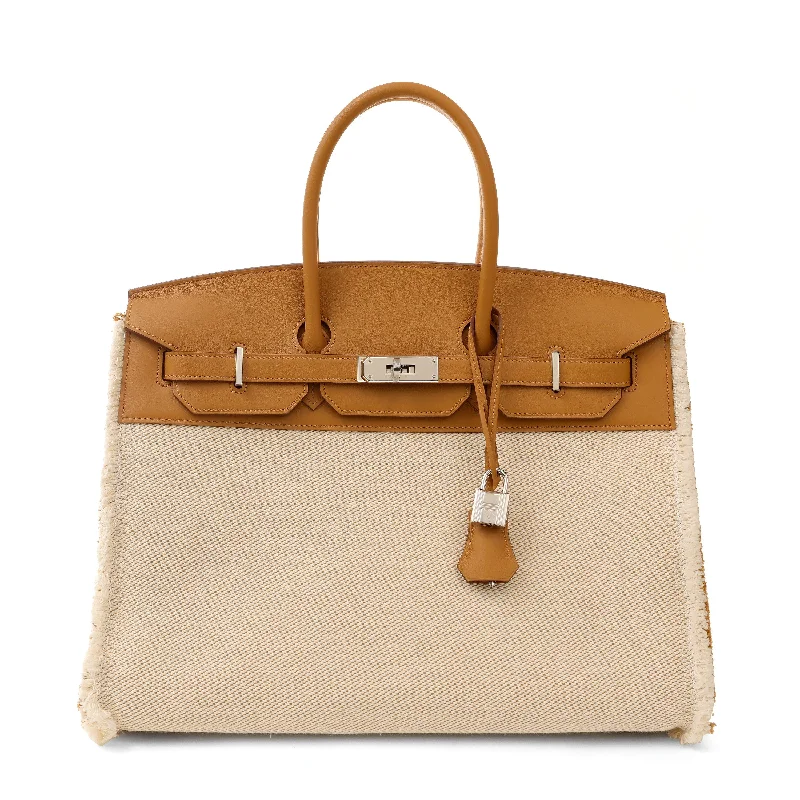 Hermes 35cm Limited Edition Biscuit Swift & Toile Fray Fray Birkin w/ Palladium Hardware