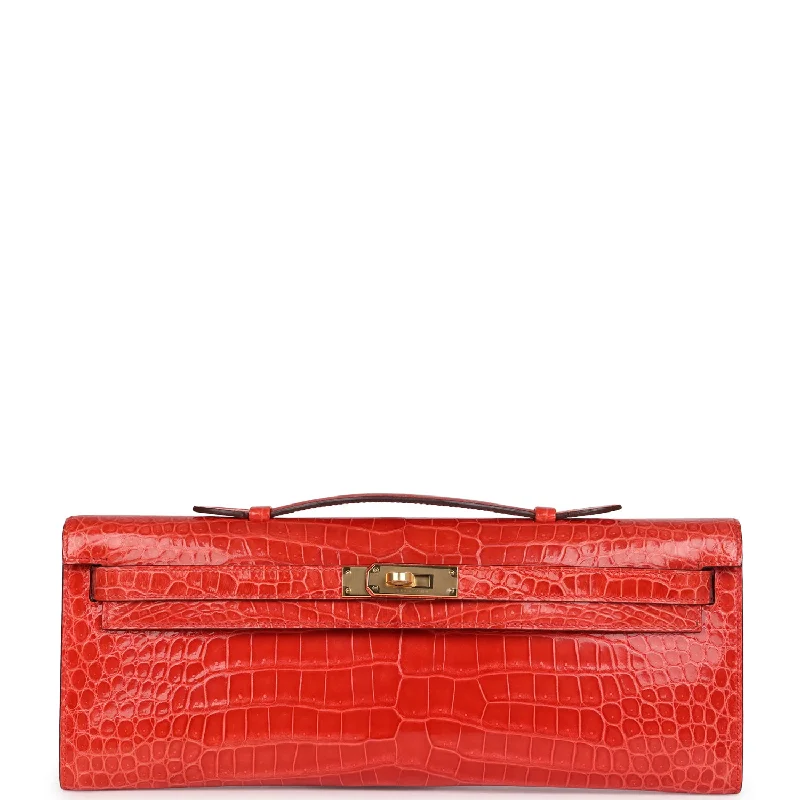 Hermes Kelly Cut Orange Poppy Shiny Porosus Crocodile Gold Hardware