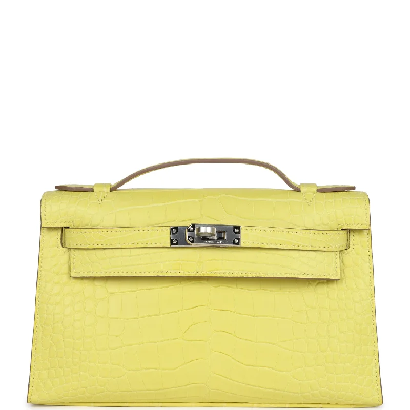 Hermes Kelly Pochette Lime Matte Alligator Palladium Hardware