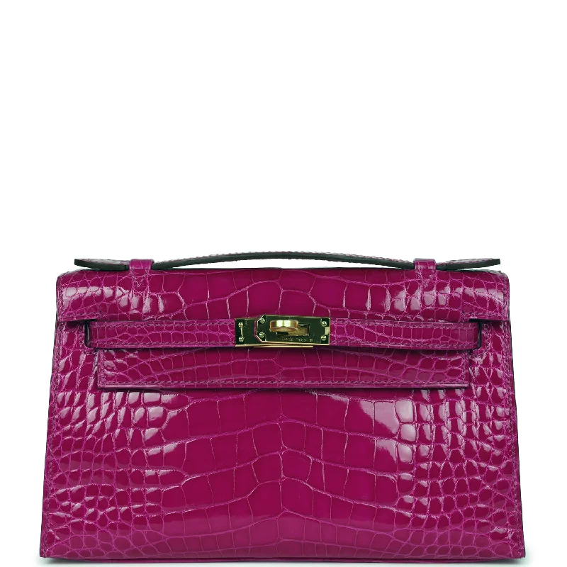 Hermes Kelly Pochette Rose Scheherazade Shiny Alligator Gold Hardware