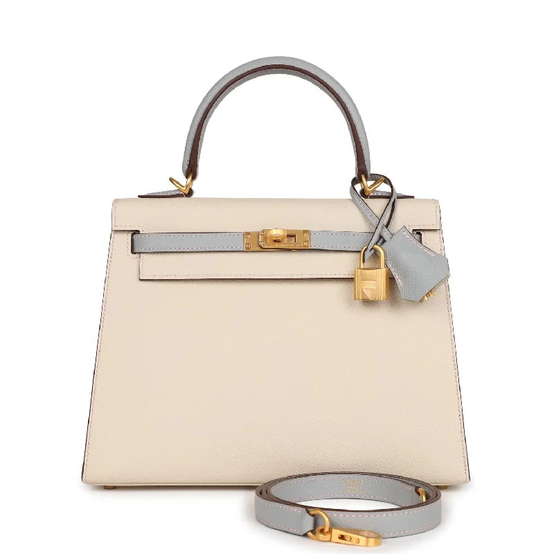 Hermes Special Order (HSS) Kelly Sellier 25 Craie and Bleu Glacier Epsom Brushed Gold Hardware