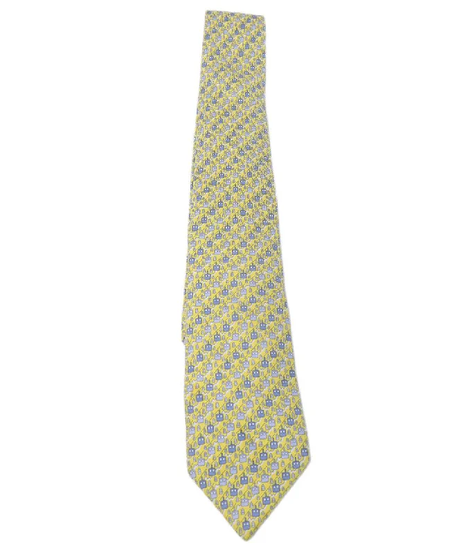 Hermes Yellow & Grey Print Silk Tie