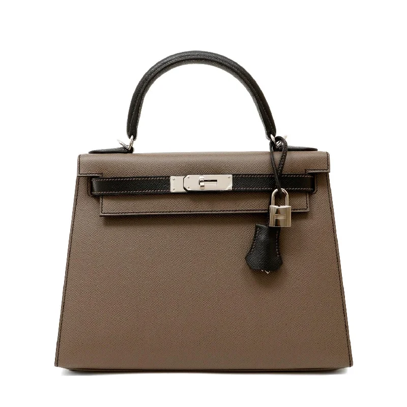 Hermès 28cm Etoupe and Black Special Order Horseshoe Epsom Sellier Kelly w/ Palladium Hardware