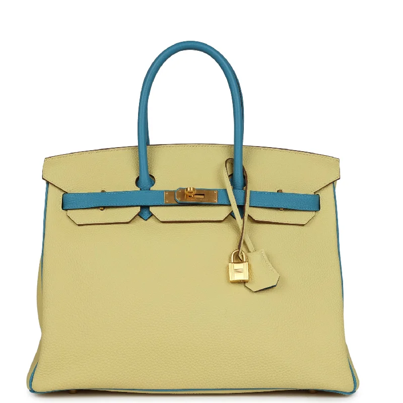 Pre-owned Hermes Special Order (HSS) Birkin 35 Jaune Poussin and Bleu Paradise Togo Brushed Gold Hardware