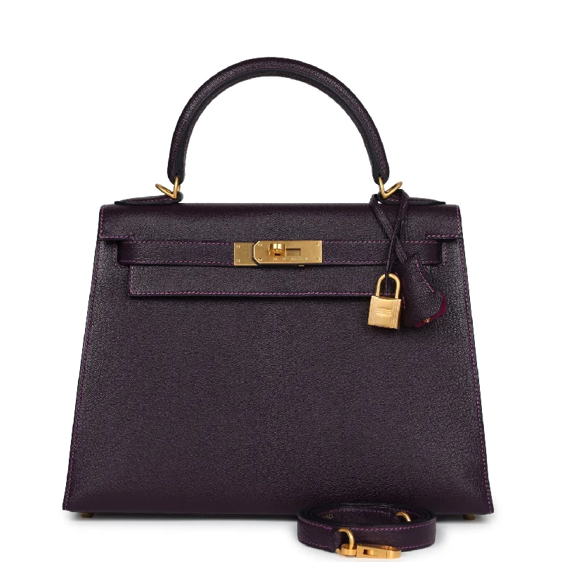 Pre-owned Hermes Special Order (HSS) Kelly Sellier 28 Raisin Verso Chevre Brushed Gold Hardware