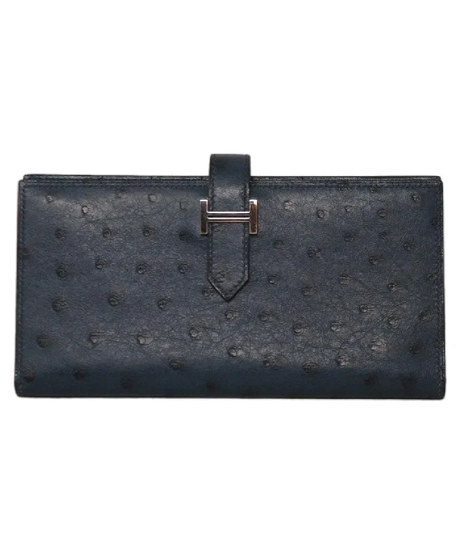 Hermes Bearn Ostrich Navy Wallet